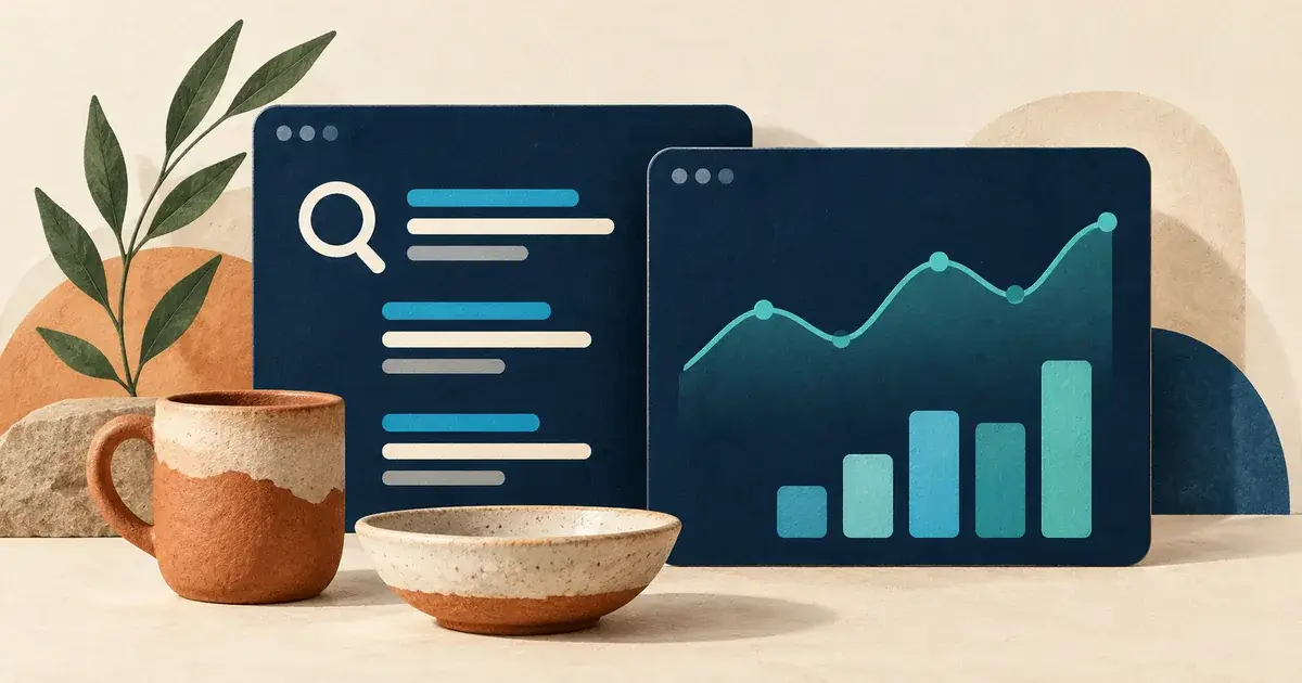 Search results and website analytics beside handmade pottery.