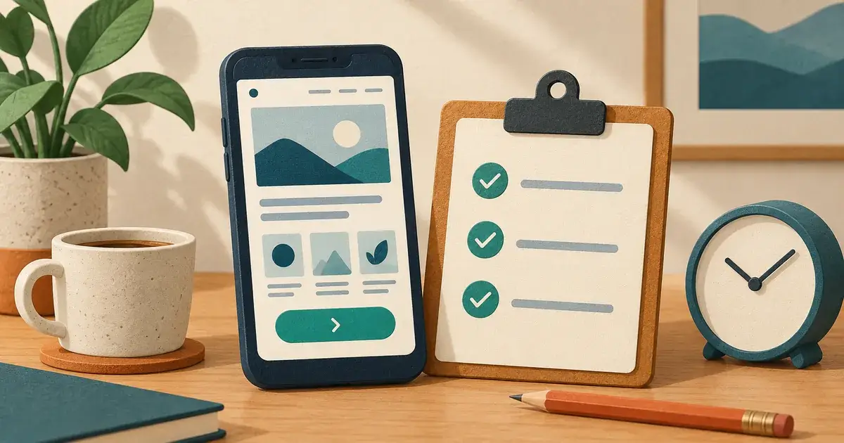 A phone, checklist and small clock arranged for a weekly website check.