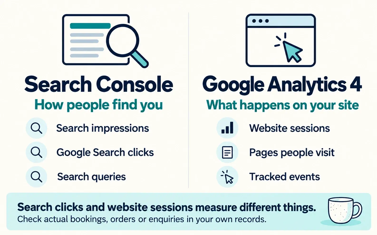 Search Console and Google Analytics 4 measure different things. The comparison is explained in the text below.